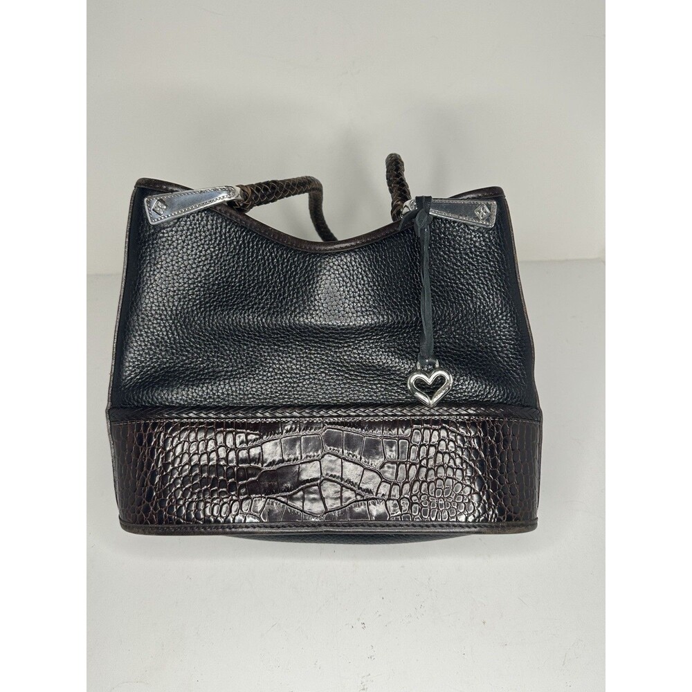 Brighton Gina Black Brown Leather Shoulder Bag Croc Emboss Heart Charm